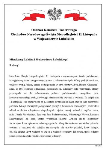 Odezwa Komitetu Honorowego - Święto Niepodległości