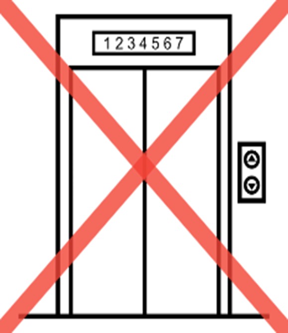 Rysunek windy z czerwonym symbolem X oznaczający brak windy